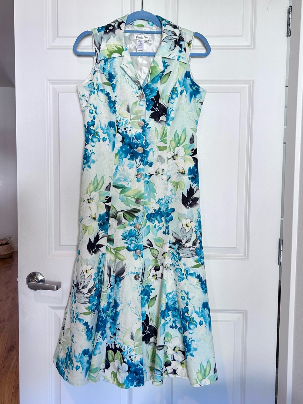 Coldwater Creek Sleeveless Blue Floral Midi Dress with Button Front